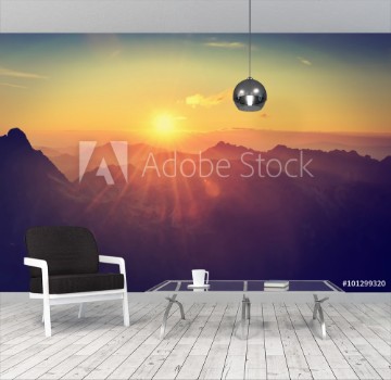 Picture of Summer mountain landscape at sunset Sun and peaks in High Tatra Mountains Poland